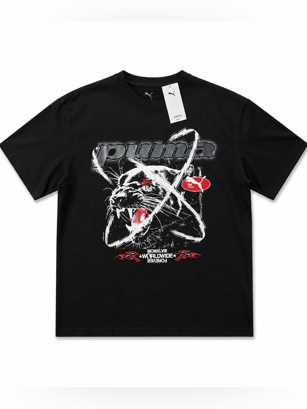 Puma Black Graphic Tee with White Panther and Red Accents